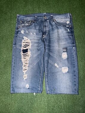 True Religion Distressed Blue Denim Jean Shorts